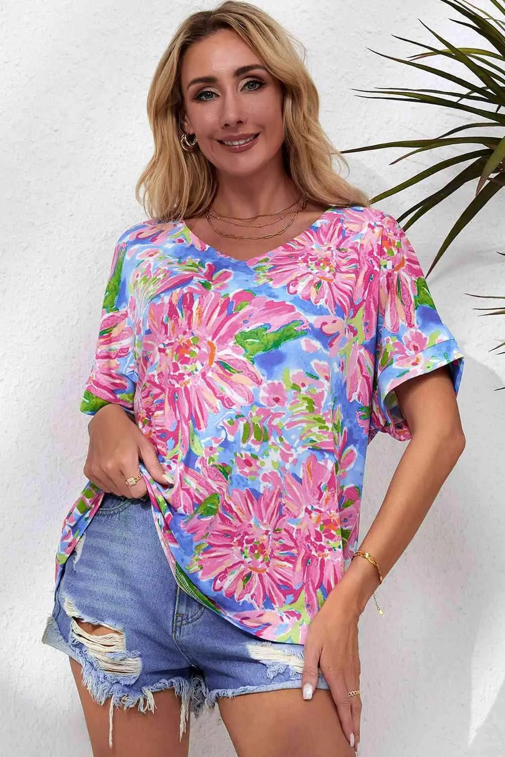 Floral V-Neck Short Sleeve Blouse Fuchsia Pink Blouses - Tophatter Daily Deals